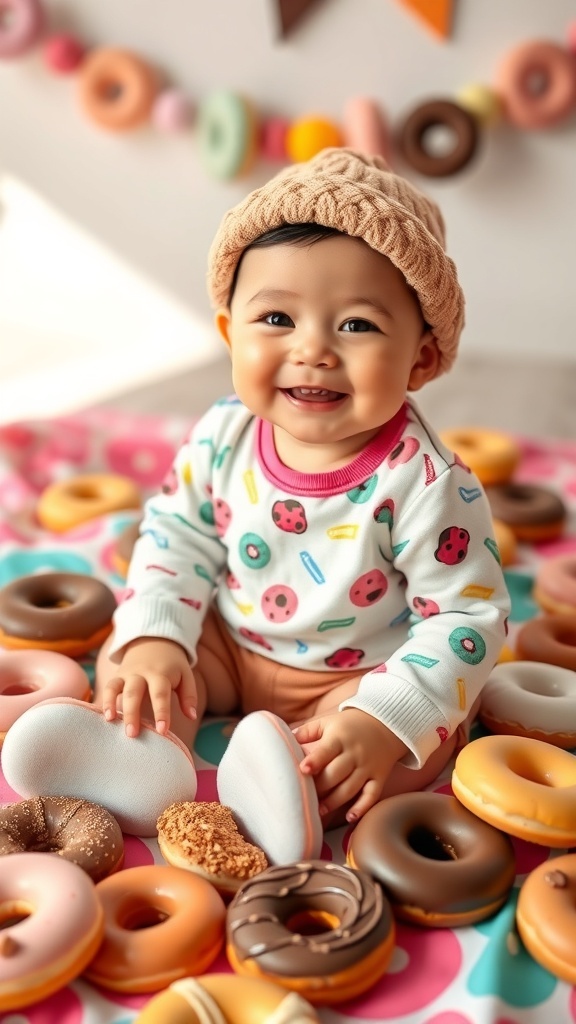 A 6-month-old baby boy with a donut hat sitting on a blanket with donuts around him, smiling.